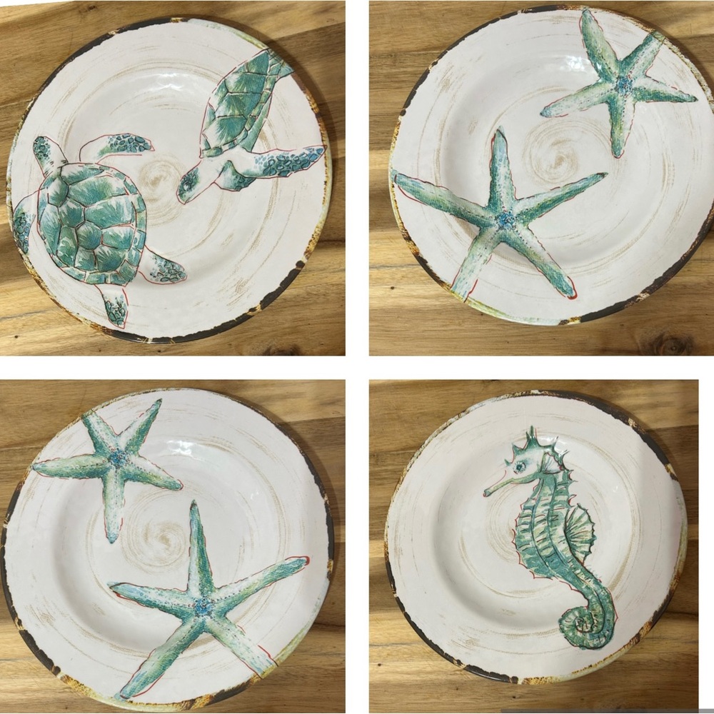NEW Set of 4 Coastal Sea-Life Melamine Plates 9” Seaside Decor Salad Plates